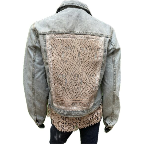 Upcycled Denim Jacket Pink Lace Hem & Back Panel Large - Picture 2 of 9